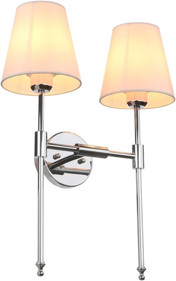 PERMO Classic Rustic Double Sconce 2 Lights Wall Sconce Lighting Fixture with Flared White Textile Lamp Shade (Chrome)