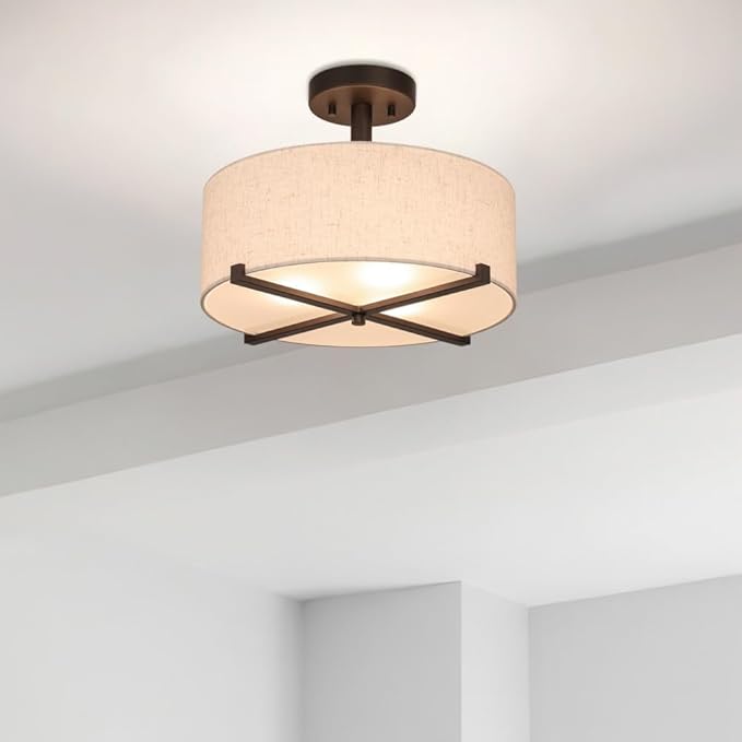 XiNBEi Lighting 3 Light Semi Flush Mount Ceiling Light Fixture, Drum Light with Fabric Shade, Modern Close to Ceiling Lamps for Bedroom, Dining Room, Kitchen, Hallway, Entry, Foyer
