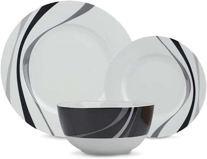 Amazon Basics Dinnerware Set, Microwave and Dishwasher Safe, Service for 6, 18-Piece Complete Kitchen, Plates, Dishes, Bowls, Swirl
