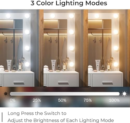 37" W Vanity Desk with Power Outlet, Makeup Vanity with Mirror and Lights, 3 Lighting Modes, Vanity Table with Chair for Bedroom, Dressing Room Studio, White