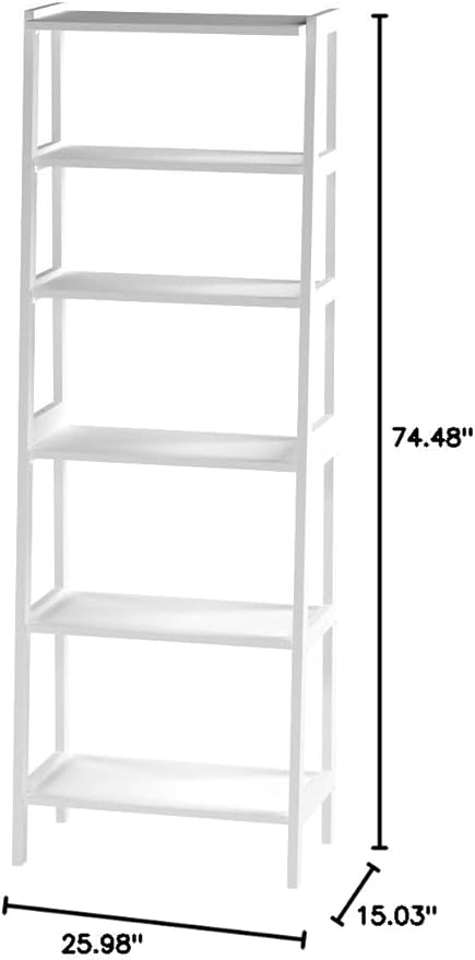 Amazon Basics 5 Shelf Sturdy Rubberwood Ladder Bookshelf for Book Storage, White, 15.03" D x 25.98" W x 74.48" H