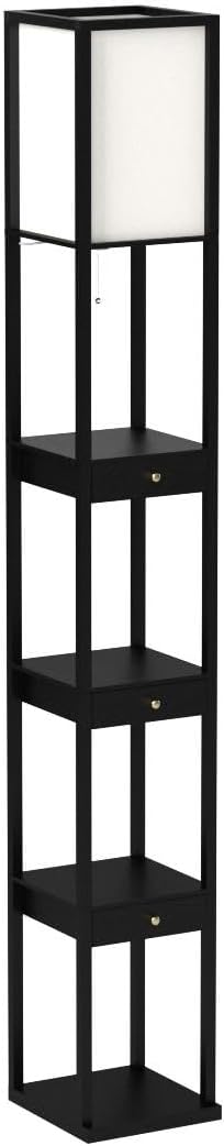 Brightech Maxwell Drawer Edition - Modern Shelf Floor Lamp with Drawer - Corner Display Floor Lamps with Shelves for Living Room, Bedroom and Office - Black