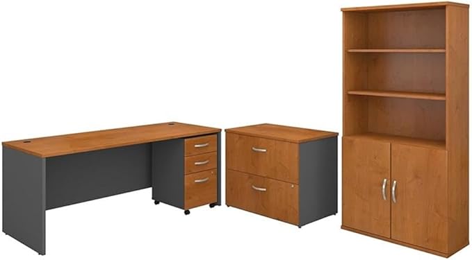 Bush Business Furniture Series C 72W Office Desk with Bookcase and File Cabinets in Natural Cherry