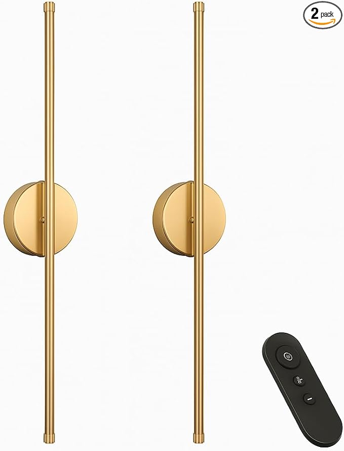 Wireless USB Rechargeable LED Wall Sconce Light (Set of Two), Cordless Dimmable 3-Light Option, 360⁰ Rotateable with Remote Control for Bedroom, Bathroom, Living Room & Hallway (Gold)