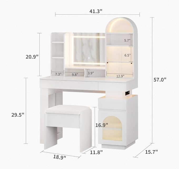 Makeup Vanity Desk with Mirror and Lights, Dressing Table with 3 Drawers and 11 Storage Shelves, Large Makeup Vanity Set with Lighted Mirror & Stool & Power Outlet, Vanity Dresser for Bedroom Dressing
