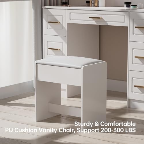 Vanity Desk with Mirror and LED Lights, 43'' W Makeup Vanity Desk with Power Outlet, 3 Color Modes, 7 Drawers Vanity Table with Chair, Dressing Table for Bedroom, Dressing Room