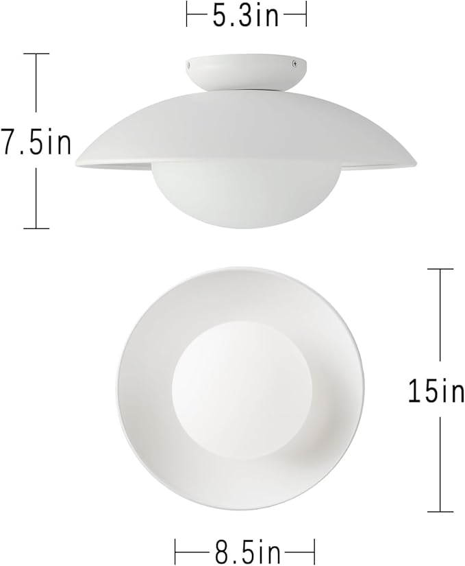 Soft White 15in Semi Flush Mount Ceiling Light Fixture, Bowl Lampshade Style Vintage Close to Ceiling Light Fixture, Modern Flush Mount Light for Bedroom, Entryway, Corridor, Room Decor Lamp