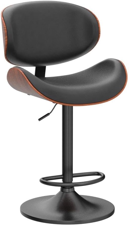 Bar Stools Set of 4, Bentwood Adjustable Height Swivel Bar Stools, PU Leather Upholstered Bar Chair with Back and Footrest for Bar, Kitchen, Dining Room, Black