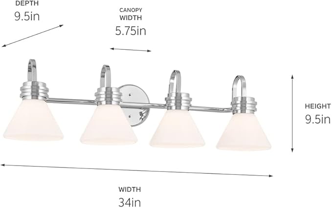 KICHLER Farum 34" 4-Light Vanity Light with Opal Glass in Chrome for Single or Double Vanity, Over a Mirror, Powder Room, Bathroom, (34" W x 9.5" H), 55156CH