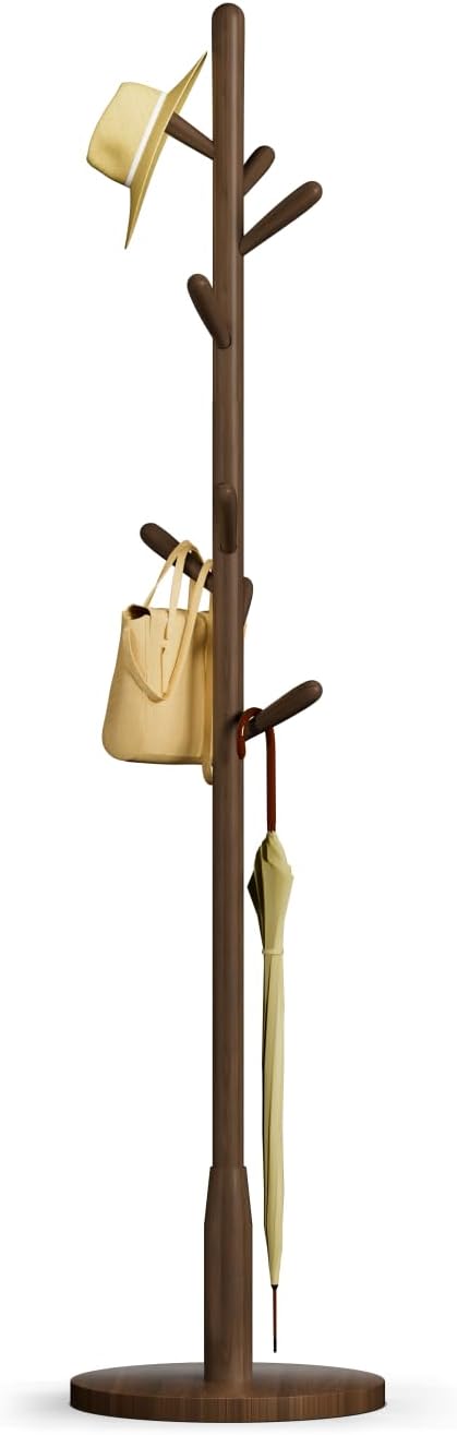 Solid Wood Round Base Coat Rack, Free Standing Hall Coat Tree with 8 Hooks（+2 spare) for Coats, Hats, Bags, Purses, for Entryway, Hallway, Rubberwood Hooks,Base and Pole(Round Base,Dark Walnut)