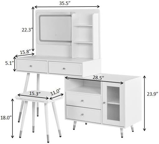Modern Makeup Vanity Desk with Mirror and Lights,Retractable Dressing Table with Drawers and Cabinets,Makeup Table Set for Bedroom