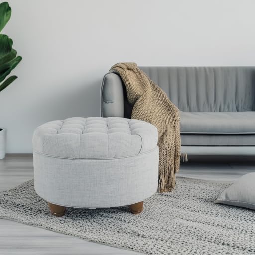 Homepop Home Decor | Button Tufted Woven Round Storage Ottoman | Ottoman with Storage for Living Room & Bedroom (Light Blue)