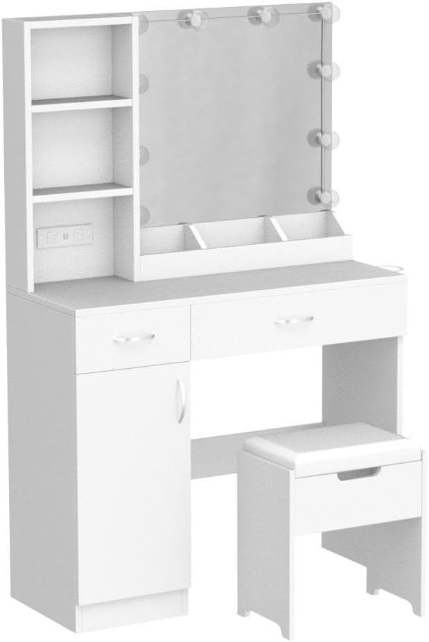 Fameill Makeup Vanity Desk with Lighted Mirror & Power Strip,White Vanity Table Set with Lights and Lots Storage,2 Drawer Makeup Table,3 Lighting Colors,35.4in(L)