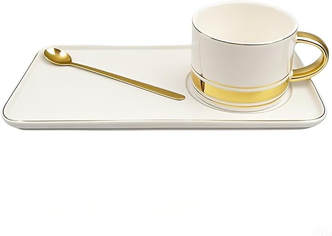 tea Cups and Saucers Set of 6, 8 oz, Ceramic Turkish Coffee Cup With Gold Trim for Cappuccino, Latte, Mocha, Au Lait, Espresso, White