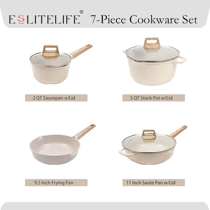 ESLITE LIFE Nonstick Cookware Sets, 7 Pcs Ceramic Coating Pots and Pans Set Kitchen Cooking Set, Compatible with All Stovetops (Gas, Electric & Induction), PFOA Free, White