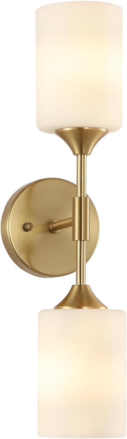 2-Lights Gold Wall Sconce with White Cylinder Glass Shades Modern Mid Century Bathroom Vanity Wall Light Fixtures Industrial Brushed Brass Wall Lamp for Bedroom Mirror Living Room Restaurant