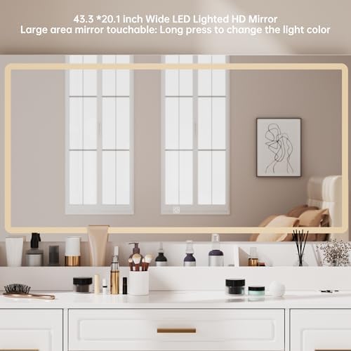 Vanity Desk with Mirror and LED Lights, 43'' W Makeup Vanity Desk with Power Outlet, 3 Color Modes, 7 Drawers Vanity Table with Chair, Dressing Table for Bedroom, Dressing Room