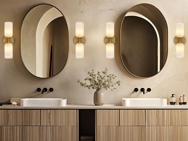 Alabaster Wall Sconces Set of Two, 14in Modern Spanish Natural Marble Bathroom Vanity Sconces, Brass Alabaster Sconce Wall Lighting, Gold Wall Light Fixtures Decor for Bedroom Living Room Staircases