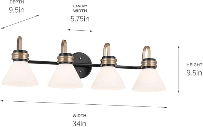 KICHLER Farum 34" 4-Light Vanity Light with Opal Glass in Black, for Single or Double Vanity, Over a Mirror, Powder Room, Bathroom, (34" W x 9.5" H), 55156BK