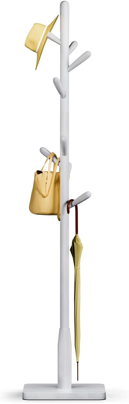 Solid Wood Square Base Coat Rack, Free Standing Hall Coat Tree with 8 Hooks（+2 spare for Coats, Hats, Bags, Purses, for Entryway, Hallway, Rubberwood Hooks,Base and Pole,(Square Base, White)
