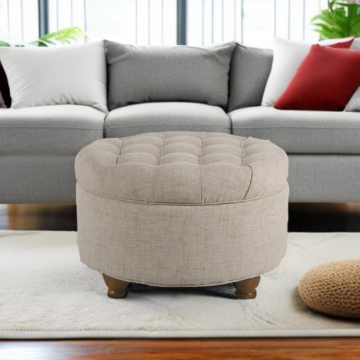 Homepop Home Decor Button Tufted Woven Round Storage Ottoman Large