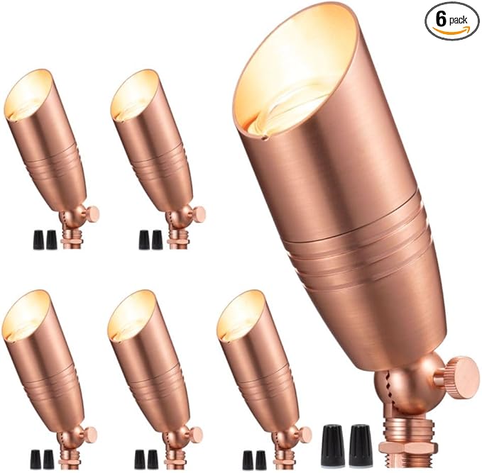 Low Voltage Spot Lights - Solid Brass Landscape Spotlight Wired, 12V Outdoor LED Uplights, Waterproof Electric Copper Adjustable Focus for Patio Wall Without MR16 Bulb (6 Pack)