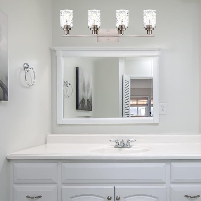 MELUCEE 4-Light Wall Light Fixtures Brushed Nickel Bathroom Vanity Light with Clear Hammered Glass Shade, Modern Wall Lamp for Powder Room Bedroom Porch (Patent No.: US D963914 S)