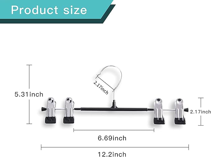 Pants Hangers with Clips for Women 20 Pack Adjustable Heavy Duty Space Saving Skirt Hangers Non-Slip Trousers, Jeans Clothes ,Shorts Black,12Inch