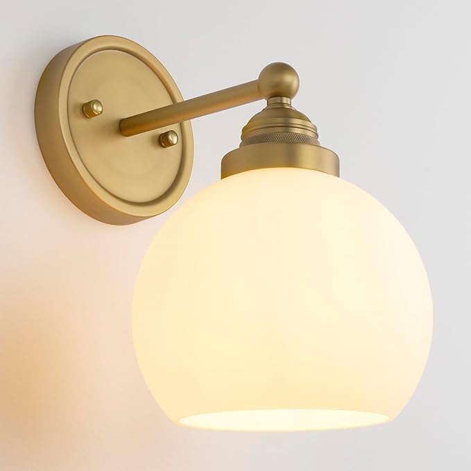 Vintage Brass Wall Sconce Light, Industrial Bathroom Vanity Wall Lighting Globe Glass Shade, Indoor Wall Mounted Lamp Fixture for Bedroom Living Room Hallway