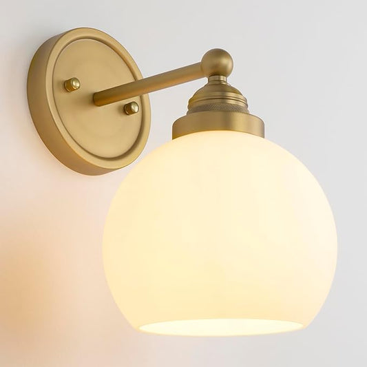 Vintage Brass Wall Sconce Light, Industrial Bathroom Vanity Wall Lighting Globe Glass Shade, Indoor Wall Mounted Lamp Fixture for Bedroom Living Room Hallway
