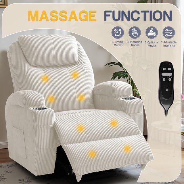 Electric Power Lift Recliner Chair with Massage for Elderly Corduroy Fabric Recliner Single Sofa with Cup Holders, Side Pockets and Remote Control for Living Room Bedroom (White)