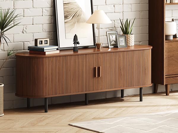 63" TV Stand with Power Outlet for TVs up to 70 Inch, Entertainment Center with Storage and Adjustable Shelves, Modern Media Console with Sliding Doors for Living Room, Walnut