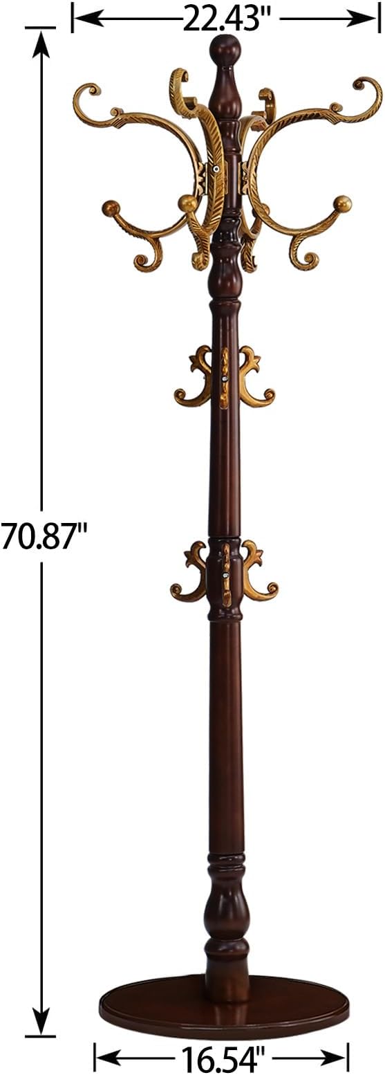 Coat Rack Freestanding, Wooden Coat Tree with Stable Round Base, Vintage Heavy Duty Coat Rack Stand with 14 Hooks, Coat Hanger Stand for Bedroom, Office, Entryway (Vintage)
