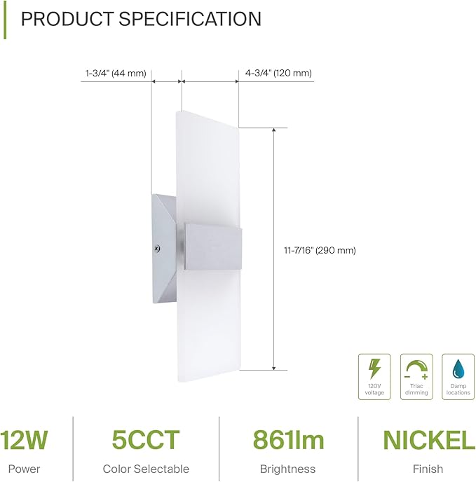 ASD 12 Inch LED Indoor Wall Sconce - Modern Interior 12W 2700K-5000K Adjustable Dimmable Wall Mounted Light Fixtures, Acrylic Glass Wall Lights for Stairway, Hallway - UL, Brushed Nickel, 2 Pack