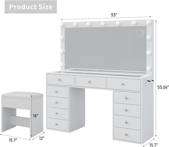 11 Drawers Makeup Vanity with Charging Station, Vanity Desk with 13 LED Bulbs and HD Mirror, 3 Color Brightness Adjustable, Glass Top Vanity Set for Bedroom, White