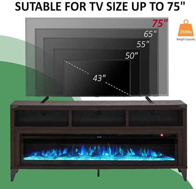 Amerlife 65" Fireplace TV Stand with 60" Glass Electric Fireplace, Industrial & Farmhouse Media Entertainment Center with Open Shelve Storage for TVs Up to 75", TV Console for Living Room, Espresso