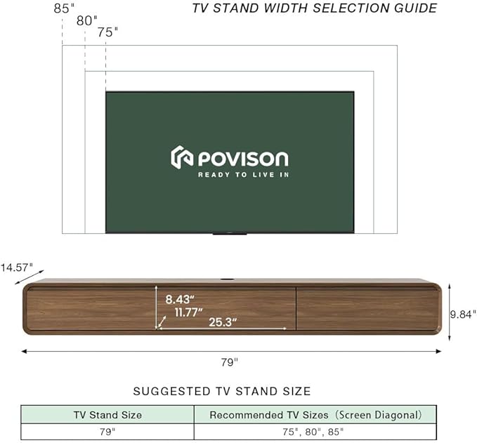 POVISON Fully Assembled Floating TV Stand with LED Lights, Modern Wall-Mounted Media Console with 3 Flip-Down Cabinet Doors, Floating Entertainment Center for 75 Inch TV