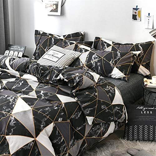 CLOTHKNOW Black White Marble King Size Comforter Set 3Pcs Triangle Plaid Bedding Comforter Set All Season Geometric Comforter with 2 Pillowcases