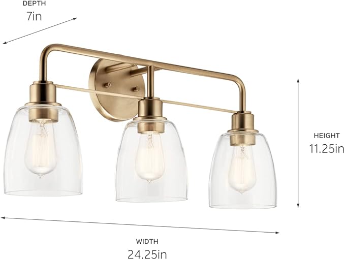 Kichler Meller 24.25 Inch 3 Light Vanity Light with Clear Glass Shades in Champagne Bronze for Bathroom or Powder Room, (24.25" W x 11.25" H x 7" D) 55102CPZ