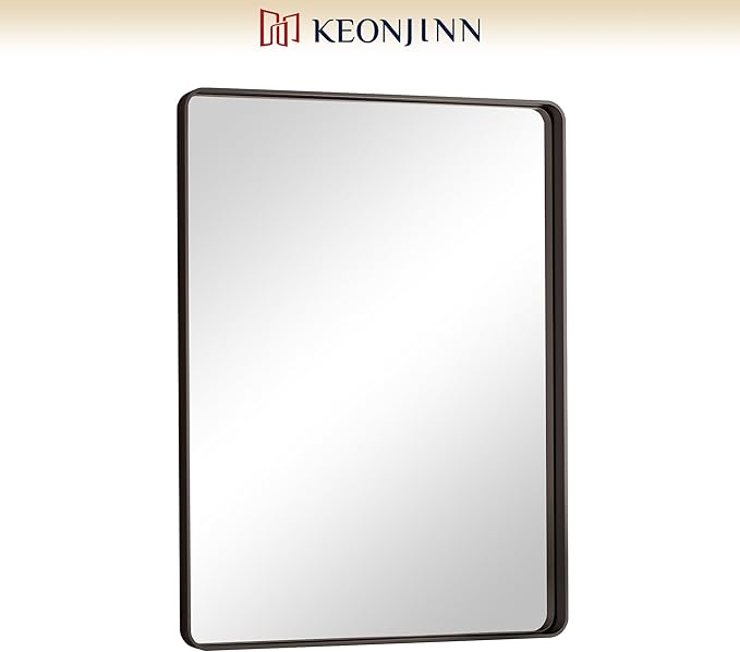 Keonjinn Black Bathroom Mirror for Over Sink, 24 x 32 Inch Matte Black Mirrors for Wall, Rounded Corner Rectangle Farmhouse Vanity Mirror, Tempered Glass Modern Decorative Mirror(Horizontal/Vertical)
