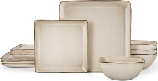 Herogo Stoneware Plates and Bowls Sets for 4, 12 Pieces Modern Square Dinnerware, Reactive Glaze Dishes Set for Kitchen, Chip Resistant, Microwave & Dishwasher Safe, Cream Khaki