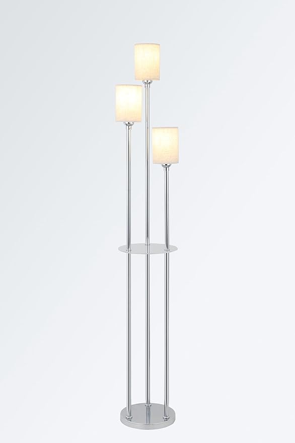Floor Lamps for Living Room, 3-Lights Modern Floor Lamp with Shelves, Chrome Standing Lamp with Fabric Shade and Foot Switch, Shelf Standing Lamps with Table, Tall Lamps for Bedroom Office