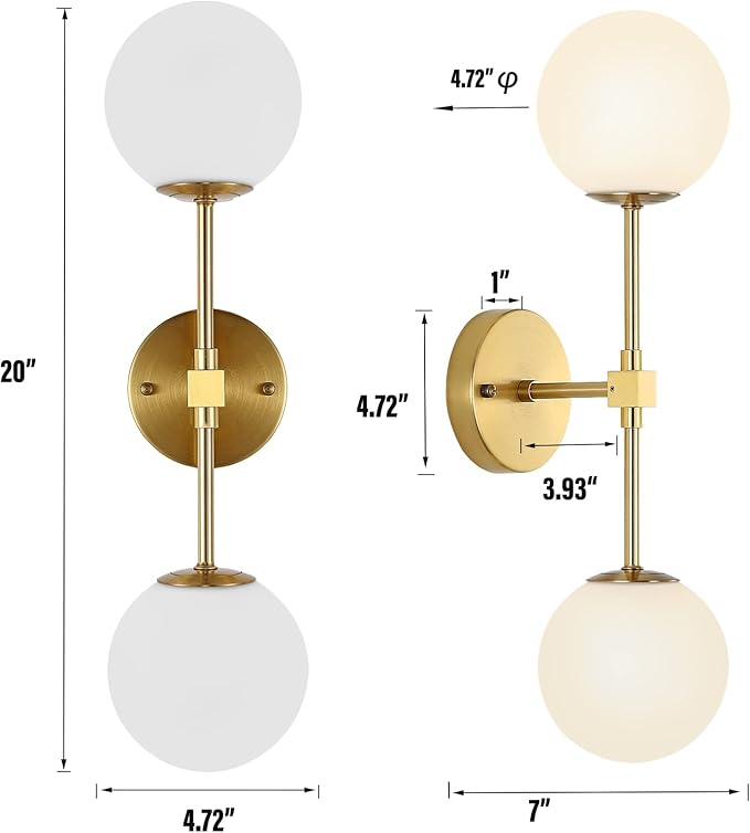 Modern Wall Sconce 2-Lights Industrial Mid Century Bathroom Vanity Wall Light with White Globe Glass Lampshade Brushed Brass Finished Lighting Fixture (Gold Color)