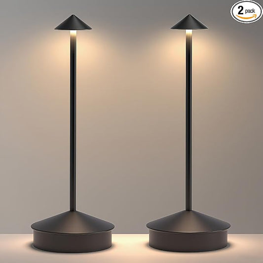 EJQ 2 Pack LED Cordless Table Lamp, Portable 6000mAh Rechargeable, Touch Control Outdoor Table Lamp, 3 Color Dimmable Cordless Table Lamps for Restaurant, Patio, Bedroom, Outdoor - Black