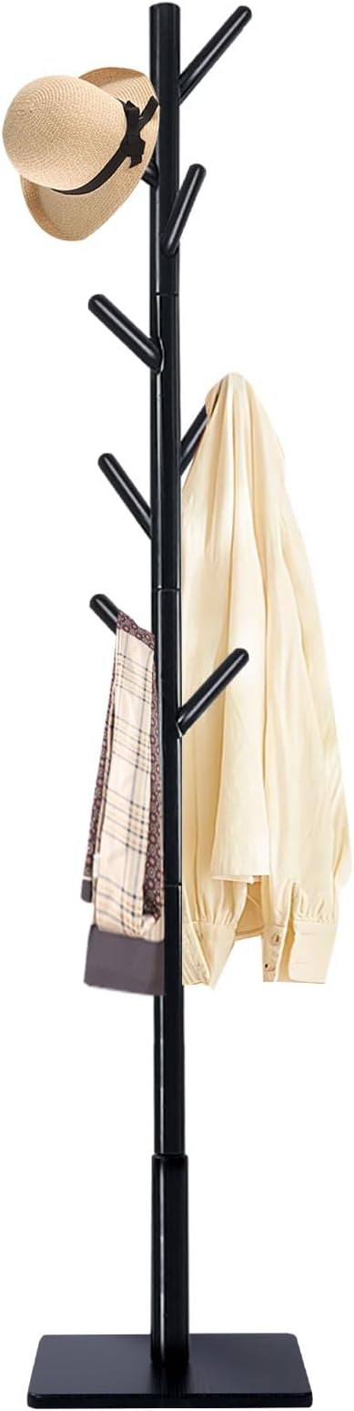 Coat Rack Freestanding with Stable Square Base for Cloathes, Hat, Used in Bedroom, Office and Entryway, Sturdy and Easy Assembly Coat Tree with 3 Adjustable Sizes and 8 Hooks, Black