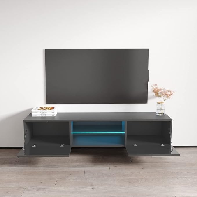 Meble Furniture Fly Type-33 TV Stand - Rectangular Shape Modern High Gloss TV Stand with Storage Cabinets & Led Lights - Wall-Mounted Media Entertainment Center Console Table for TV Up to 70" - Gray