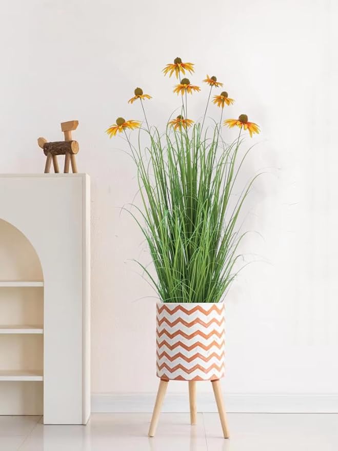 Artificial Grass Plant with Yellow Echinacea Flowers, 57 inches, Indoor/Outdoor Decor, Set of 2
