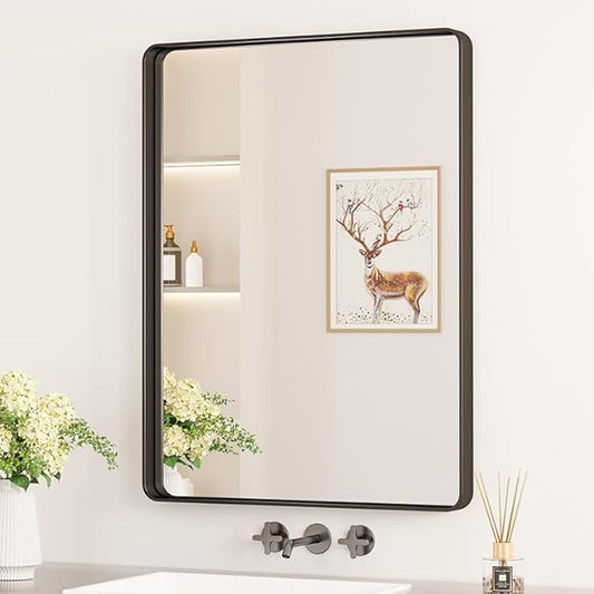 Keonjinn Black Bathroom Mirror for Over Sink, 24 x 32 Inch Matte Black Mirrors for Wall, Rounded Corner Rectangle Farmhouse Vanity Mirror, Tempered Glass Modern Decorative Mirror(Horizontal/Vertical)