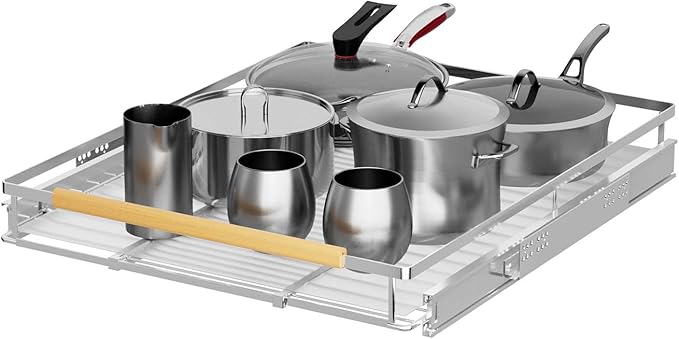 Expandable Pull Out Cabinet Organizer,Adjustable Width W:23”-40” x D:22.5”,Slide Out Wire Storage Drawer,Heavy Duty Stainless Steel Gliding Cupboard Shelf for Pantry and Under Sink Organization