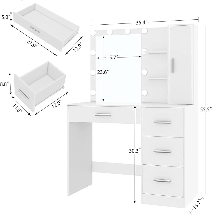 usikey Makeup Vanity with Lights, Vanity Desk with Mirror and 10 LED Lights, Vanity Table Set with 4 Drawers, Cabinet & 4 Necklace Hooks, Dressing Table for Bedroom, White